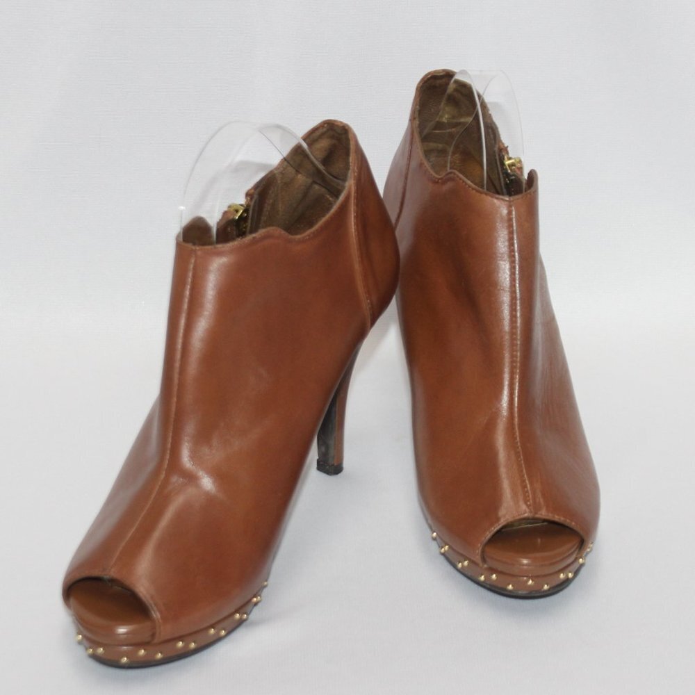 Reba Tan Leather Open Toe Booties/Heels